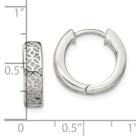 Sterling Silver Polished Cut-out Design Hinged Hoop Earrings