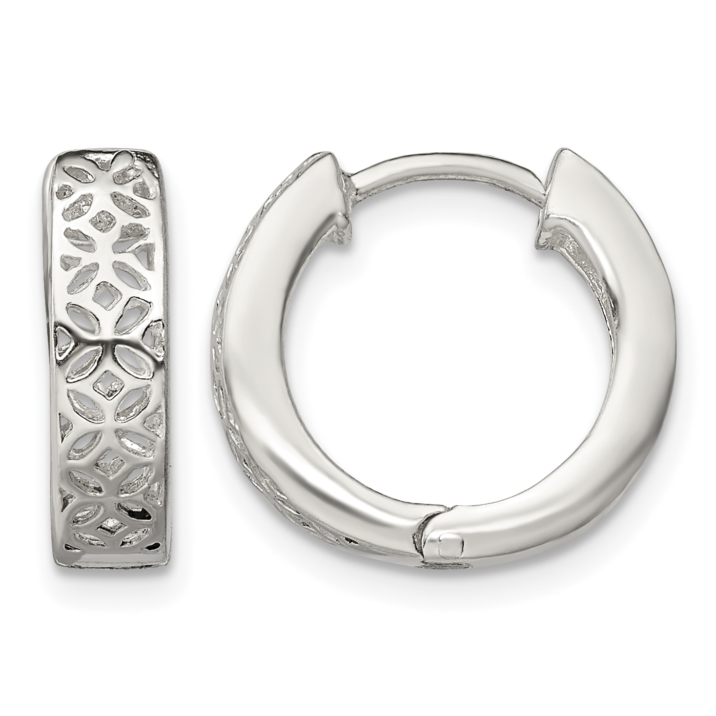 Sterling Silver Polished Cut-out Design Hinged Hoop Earrings (QE13296)