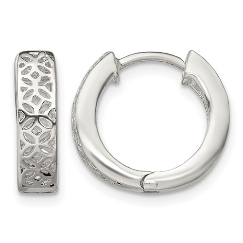 Sterling Silver Polished Cut-out Design Hinged Hoop Earrings