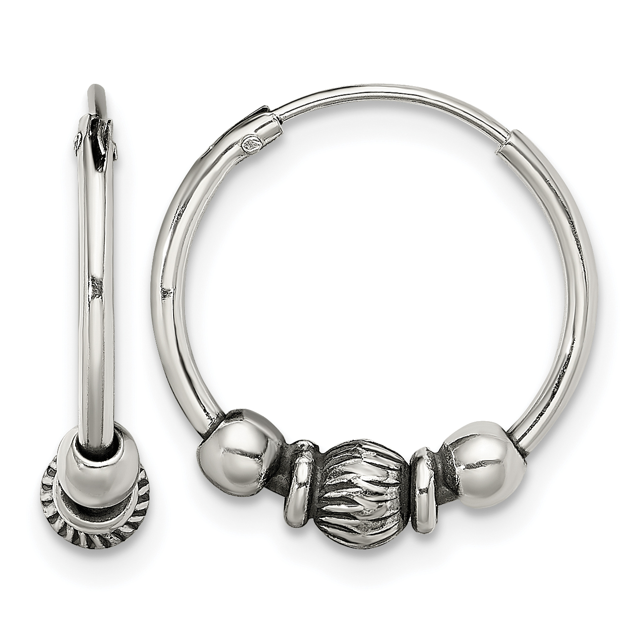 Sterling Silver Antiqued Beaded Endless Hoop Earrings (QE13297)