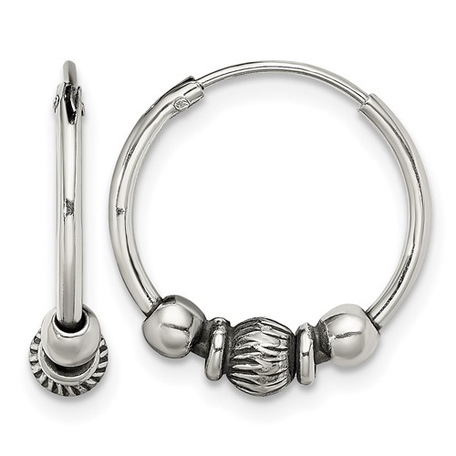 Sterling Silver Antiqued Beaded Endless Hoop Earrings