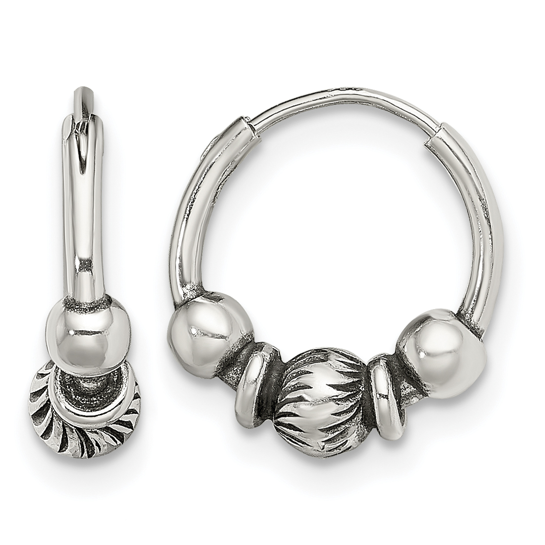 Sterling Silver Antiqued Beaded Endless Hoop Earrings (QE13312)