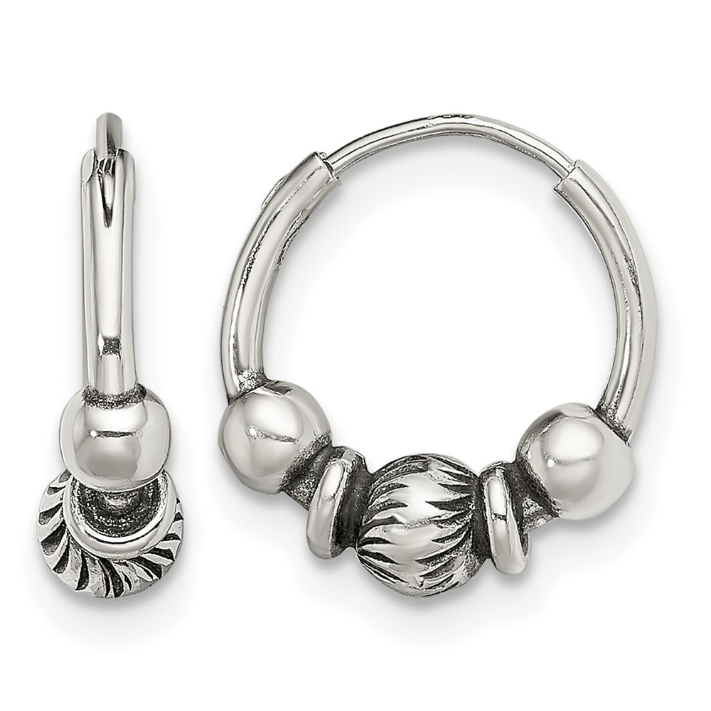 Sterling Silver Antiqued Beaded Endless Hoop Earrings (QE13312)