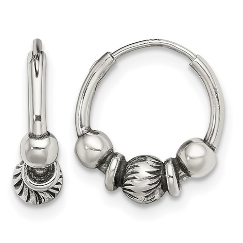 Sterling Silver Antiqued Beaded Endless Hoop Earrings