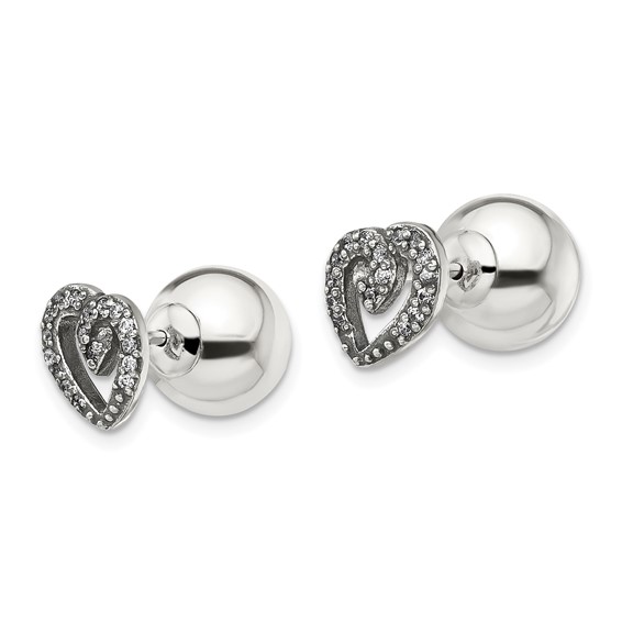 Sterling Silver Polished w/CZ Heart Front Back Post Earrings