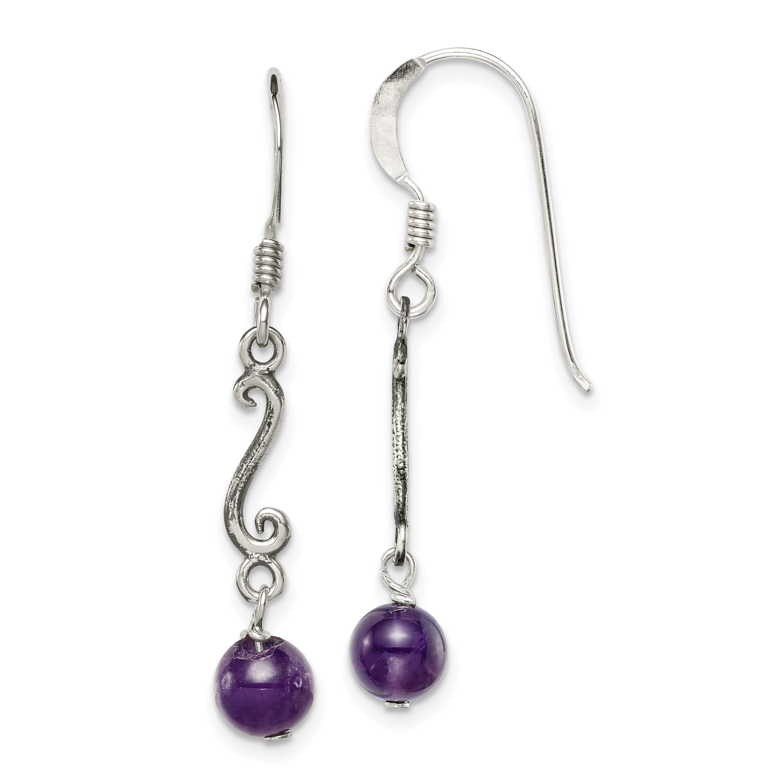 Sterling Silver Polished & Antiqued Amethyst Swirl Dangle Earrings (QE1333)