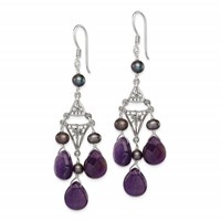 Sterling Silver Antiqued Floral Filigree Amethyst Fwc Pearl Dangle Earrings view 2