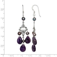 Sterling Silver Antiqued Floral Filigree Amethyst Fwc Pearl Dangle Earrings view 4