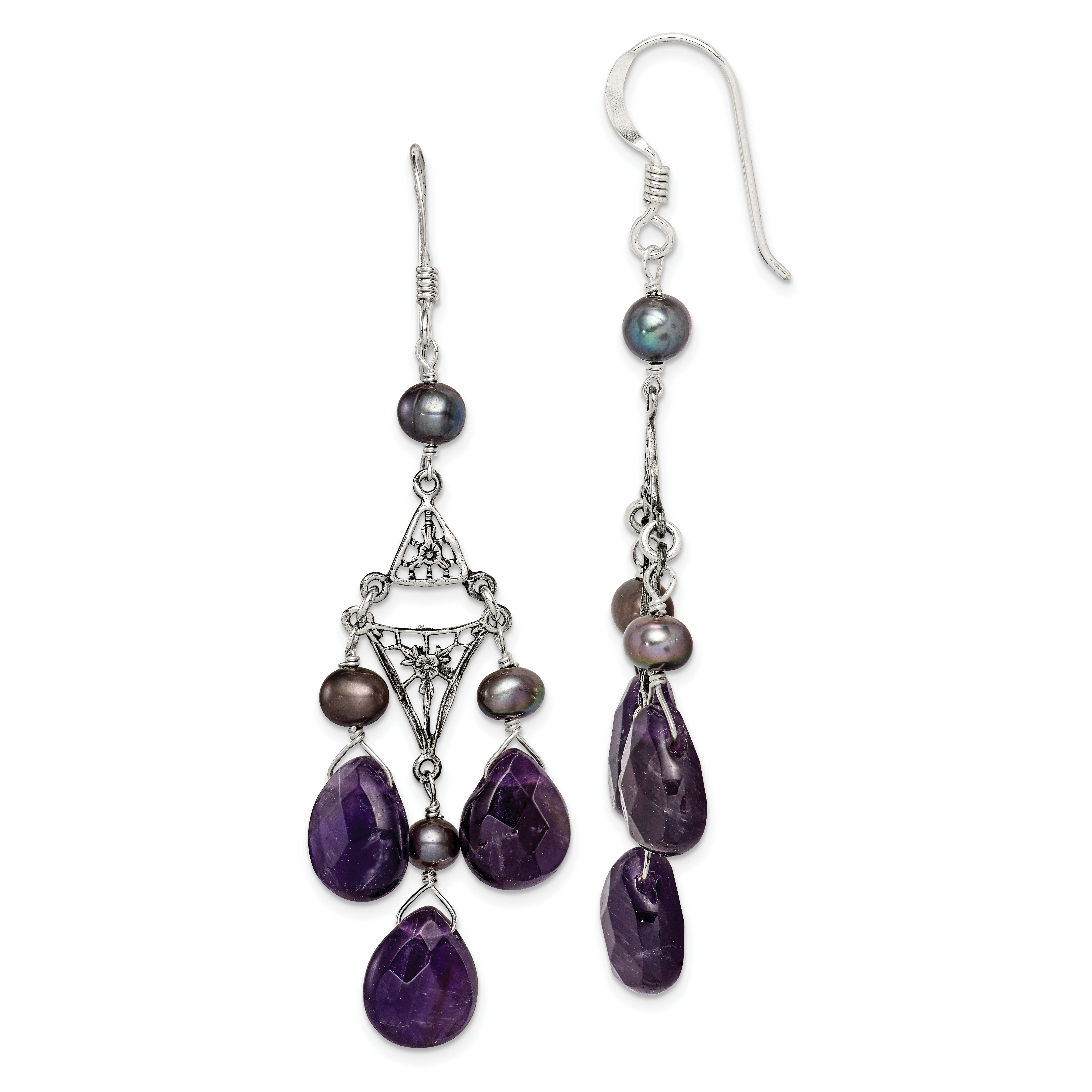 Sterling Silver Antiqued Floral Filigree Amethyst/FWC Pearl Dangle Earrings (QE1335)