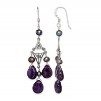 Sterling Silver Antiqued Floral Filigree Amethyst Fwc Pearl Dangle Earrings view 1