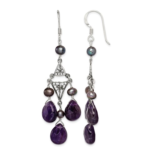 Sterling Silver Antiqued Floral Filigree Amethyst Fwc Pearl Dangle Earrings
