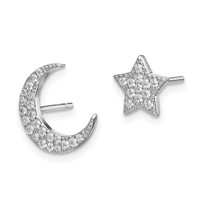 Sterling Silver Rhodium-plated CZ Star and Moon Post Earrings view 2
