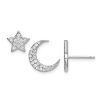 Sterling Silver Rhodium-plated CZ Star and Moon Post Earrings view 1