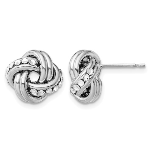 Sterling Silver Rhod. Crystal Textured Polished Love Knot Earrings