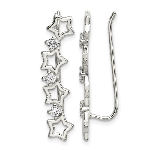 Sterling Silver Polished CZ Stars Ear Climber Earrings