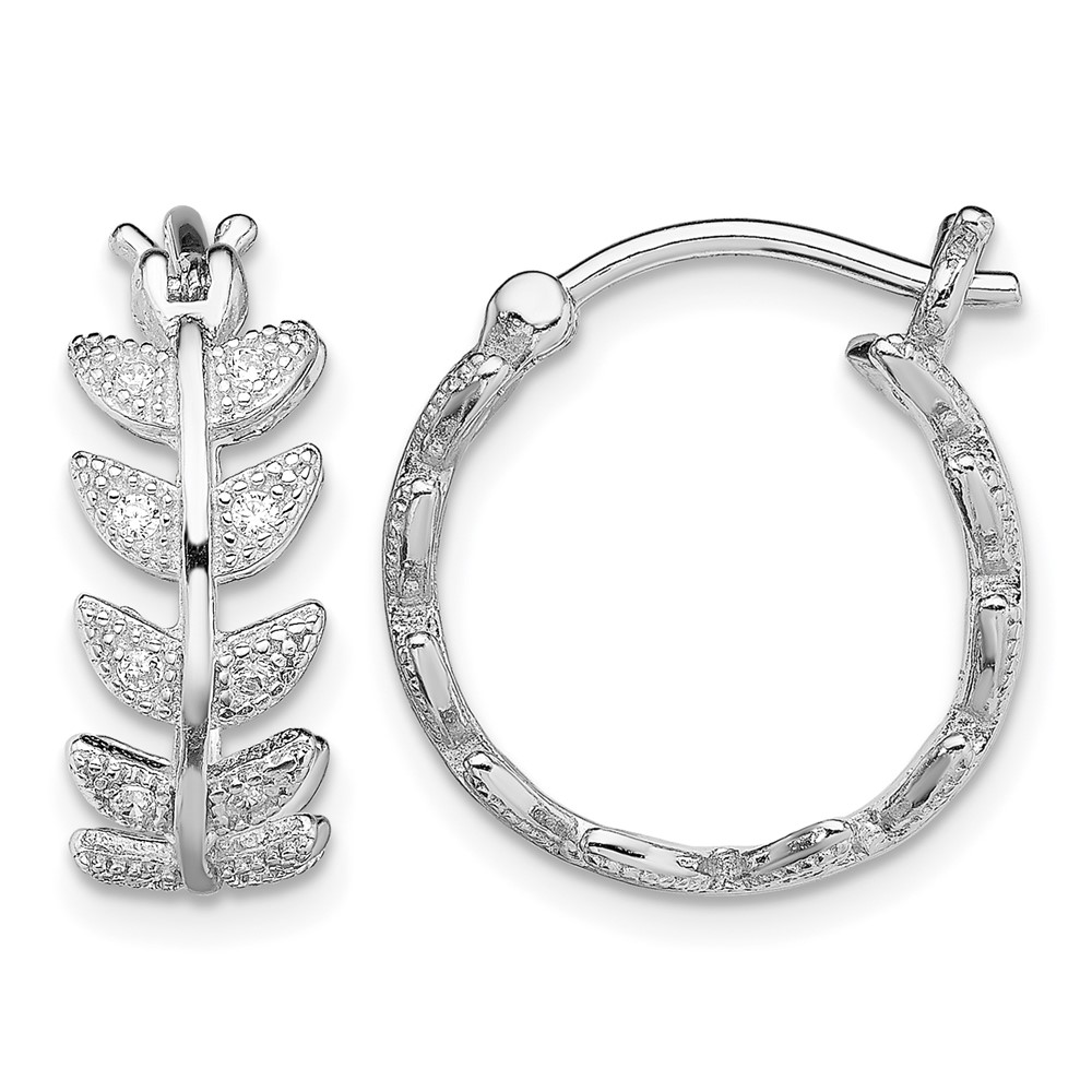 Sterling Silver Rhodium-plated Micro Pavé CZ Leaf Hoops
