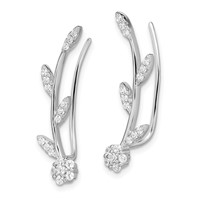 Sterling Silver Rhodium-plated Polished CZ Flower with Stem Ear Climber Earrin view 2
