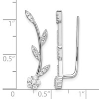 Sterling Silver Rhodium-plated Polished CZ Flower with Stem Ear Climber Earrin view 4