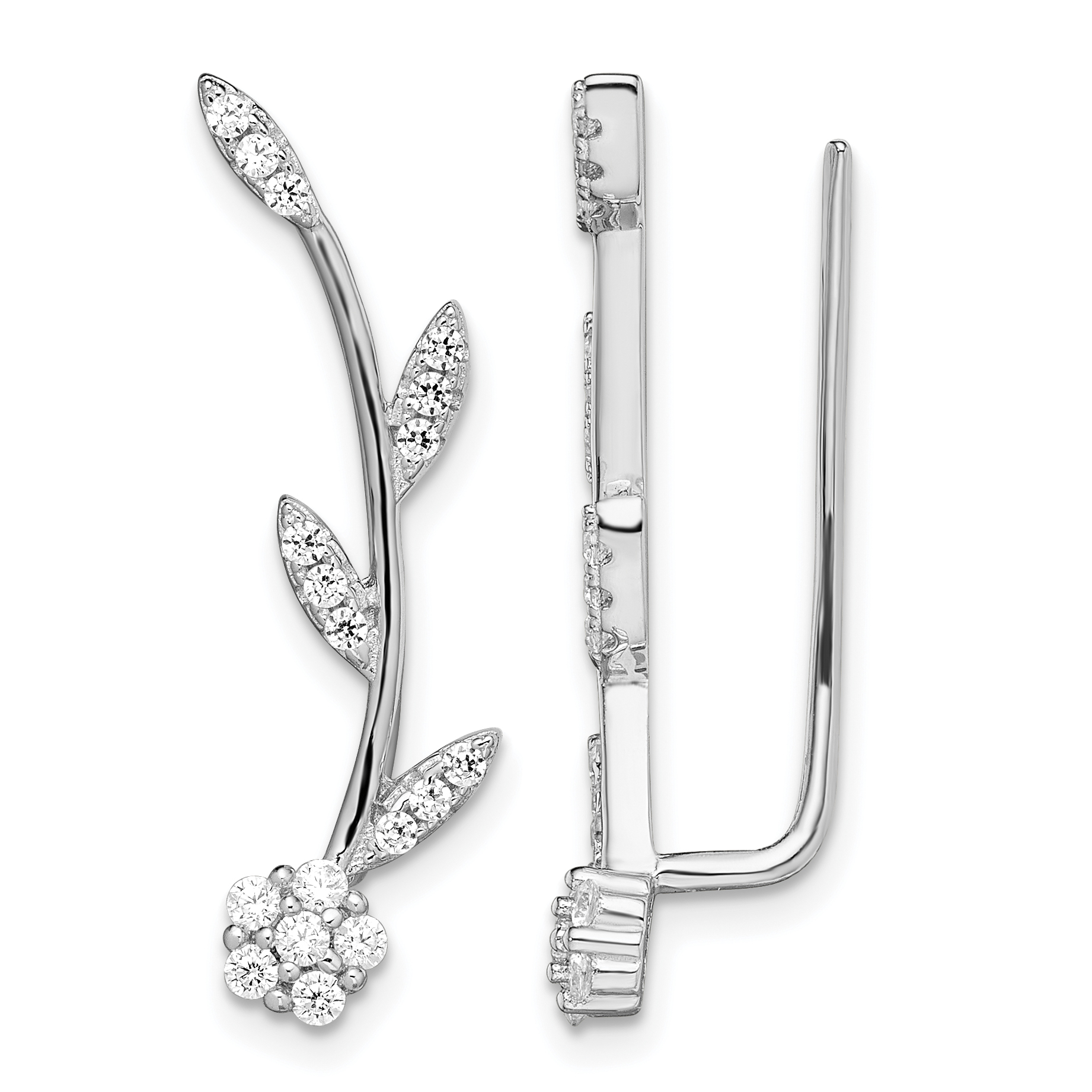 Sterling Silver Rhodium-plated Polished CZ Flower w/Stem Ear Climber Earrin (QE13481)