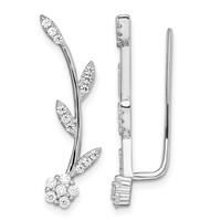 Sterling Silver Rhodium-plated Polished CZ Flower with Stem Ear Climber Earrin view 1