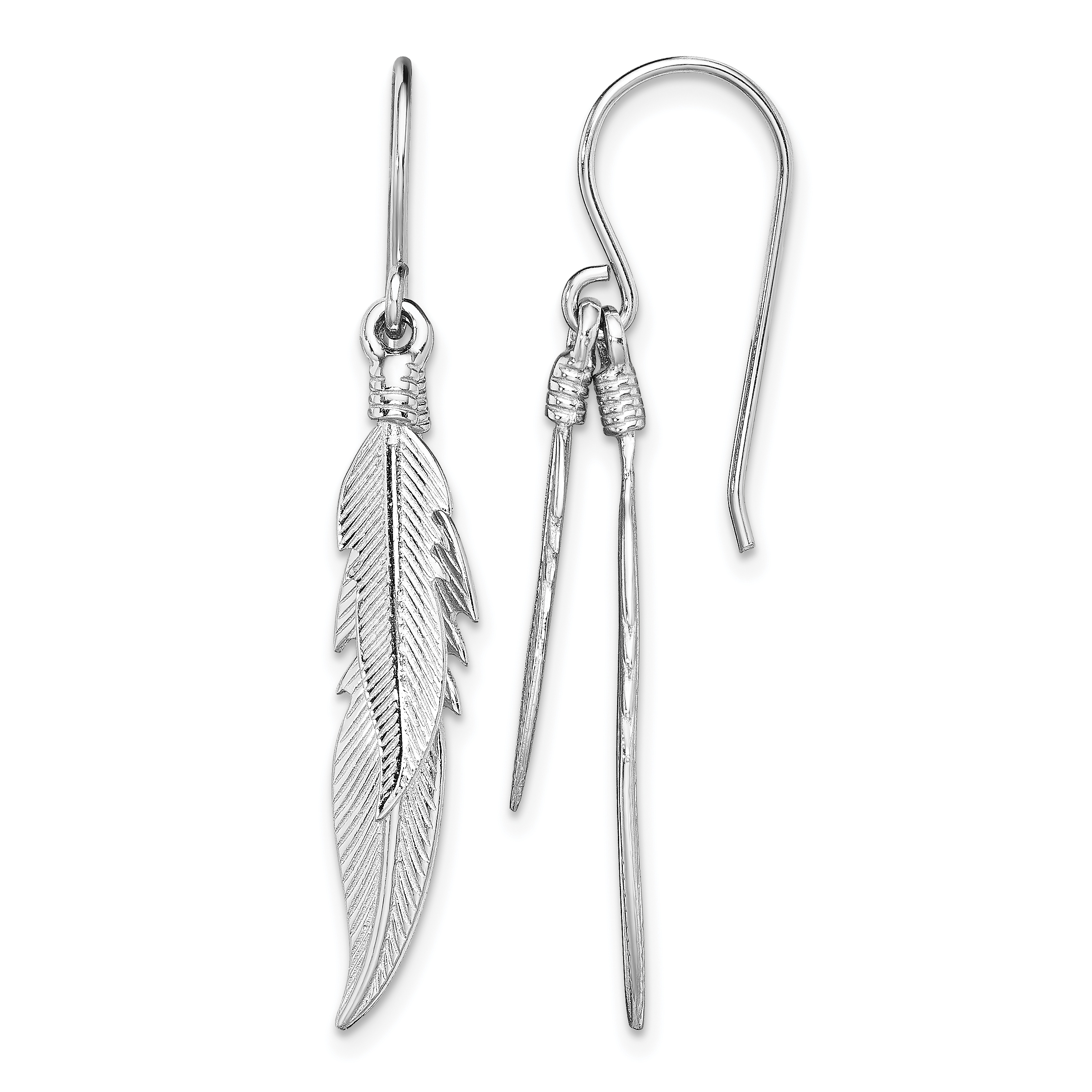 Sterling Silver Rhodium-plated Polished Feathers Dangle Earrings (QE13482)