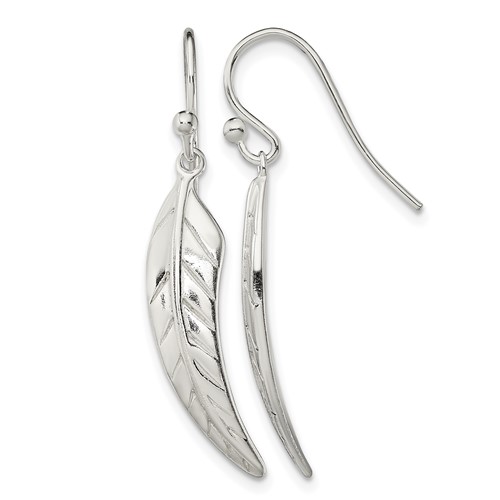 Sterling Silver Polished Leaf Dangle Shepherd Hook Earrings