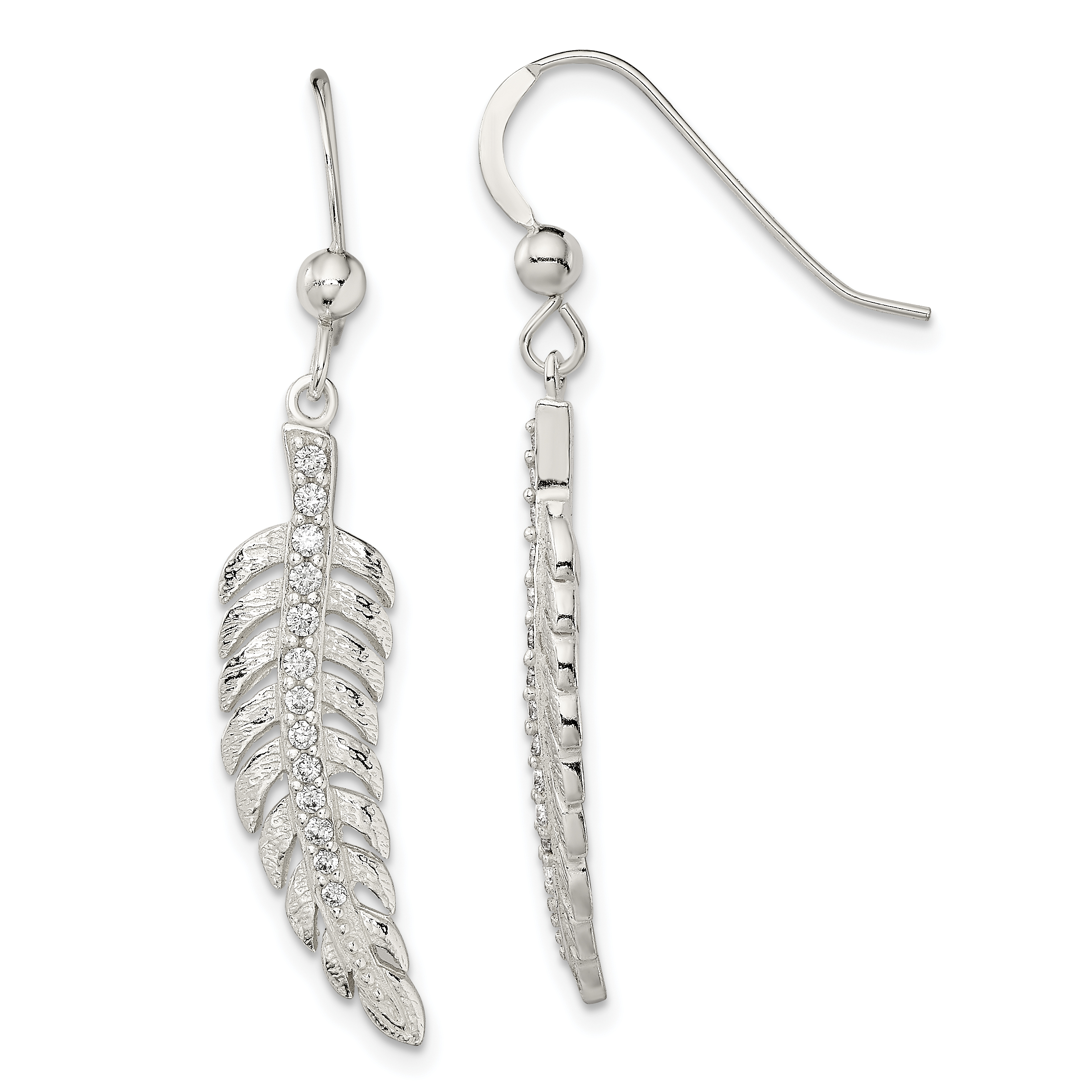 Sterling Silver Textured CZ Feather Shepherd Hook Earrings (QE13486)