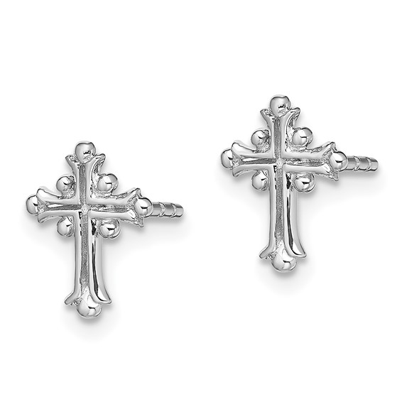 Sterling Silver RH-pltd Polished Textured Budded Cross Post Earrings