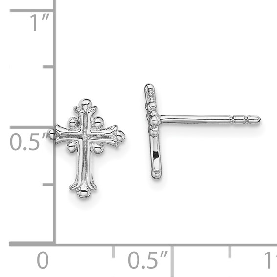 Sterling Silver RH-pltd Polished Textured Budded Cross Post Earrings