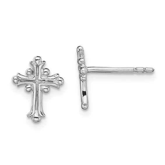 Sterling Silver RH-pltd Polished Textured Budded Cross Post Earrings