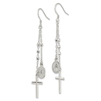 Sterling Silver Polished Miraculous Medal & Latin Cross Beaded Multi-Strand Dangle Earrings view 2