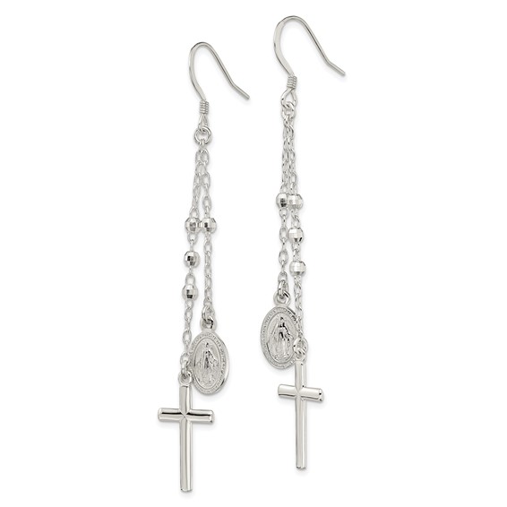 Sterling Silver Polished Miraculous Medal & Latin Cross Beaded Multi-Strand Dangle Earrings