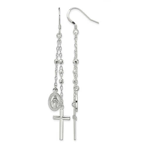 Sterling Silver Polished Miraculous Medal & Latin Cross Beaded Multi-Strand Dangle Earrings
