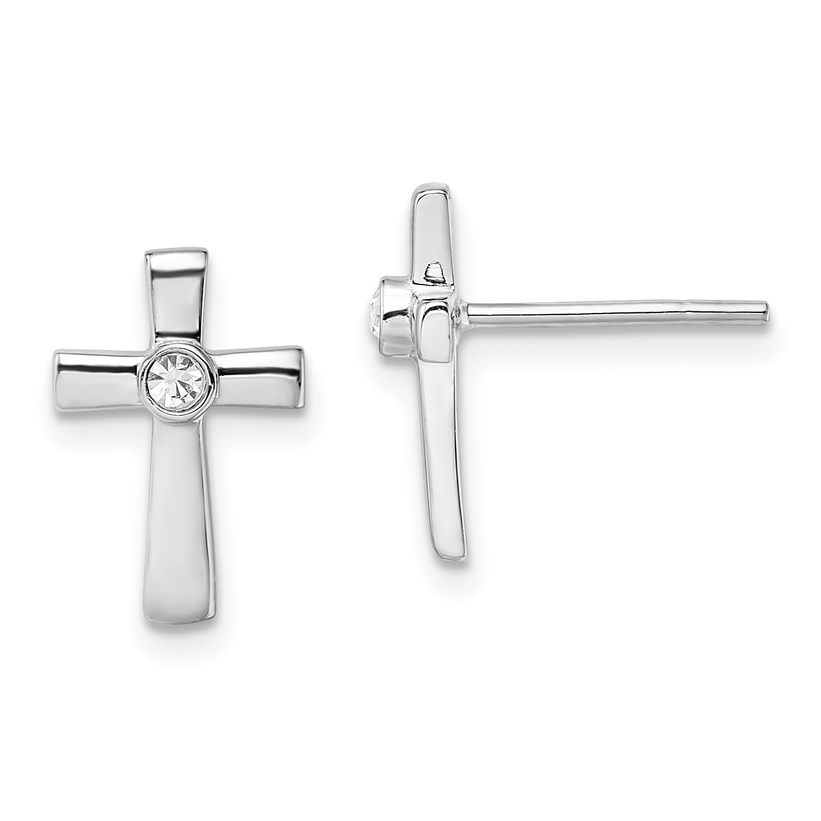 Sterling Silver Rhodium-plated Polished CZ Cross Post Earrings (QE13499)