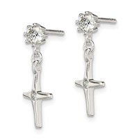 Sterling Silver Polished CZ Cross Post Dangle Earrings view 2