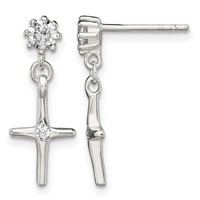 Sterling Silver Polished CZ Cross Post Dangle Earrings view 1