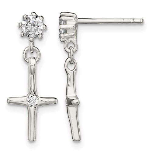 Sterling Silver Polished CZ Cross Post Dangle Earrings