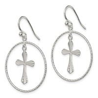 Sterling Silver Polished & Diamond-cut Cross Circle Dangle Earrings view 2