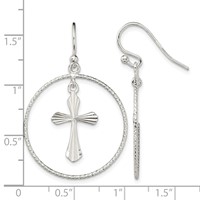 Sterling Silver Polished & Diamond-cut Cross Circle Dangle Earrings view 4