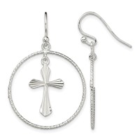 Sterling Silver Polished & Diamond-cut Cross Circle Dangle Earrings view 1