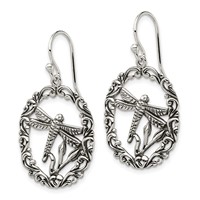 Sterling Silver Antiqued Dragonfly Dangle Shepherds Hook Earrings view 2