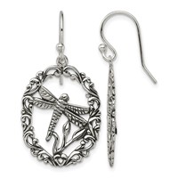 Sterling Silver Antiqued Dragonfly Dangle Shepherds Hook Earrings view 1