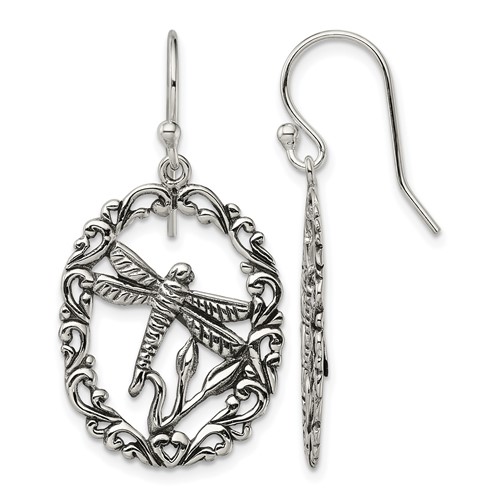 Sterling Silver Antiqued Dragonfly Dangle Shepherds Hook Earrings