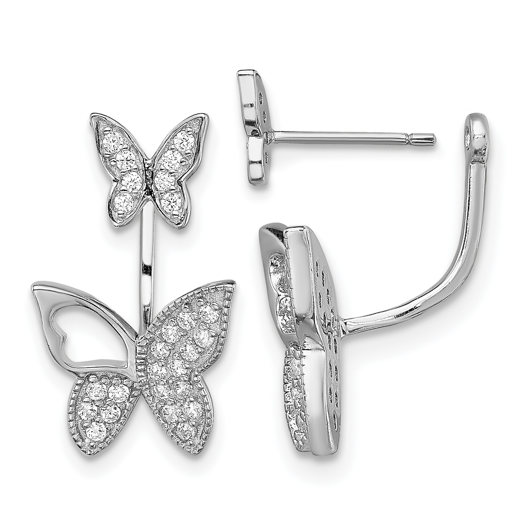 Sterling Silver Rhodium-plated CZ Butterfly Front and Back Earrings (QE13530)
