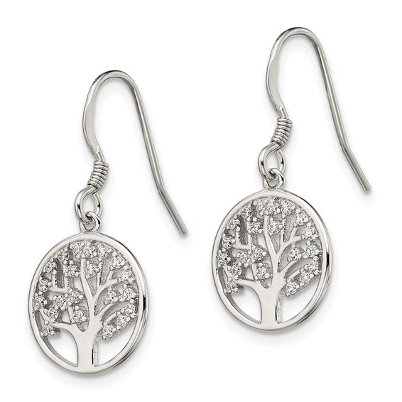Sterling Silver Rhod-pltd CZ Tree of Life Dangle Shepherd Hook Earrings