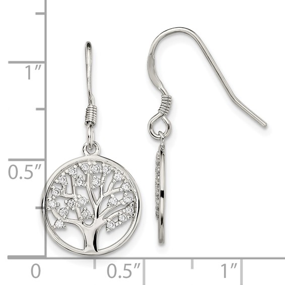 Sterling Silver Rhod-pltd CZ Tree of Life Dangle Shepherd Hook Earrings