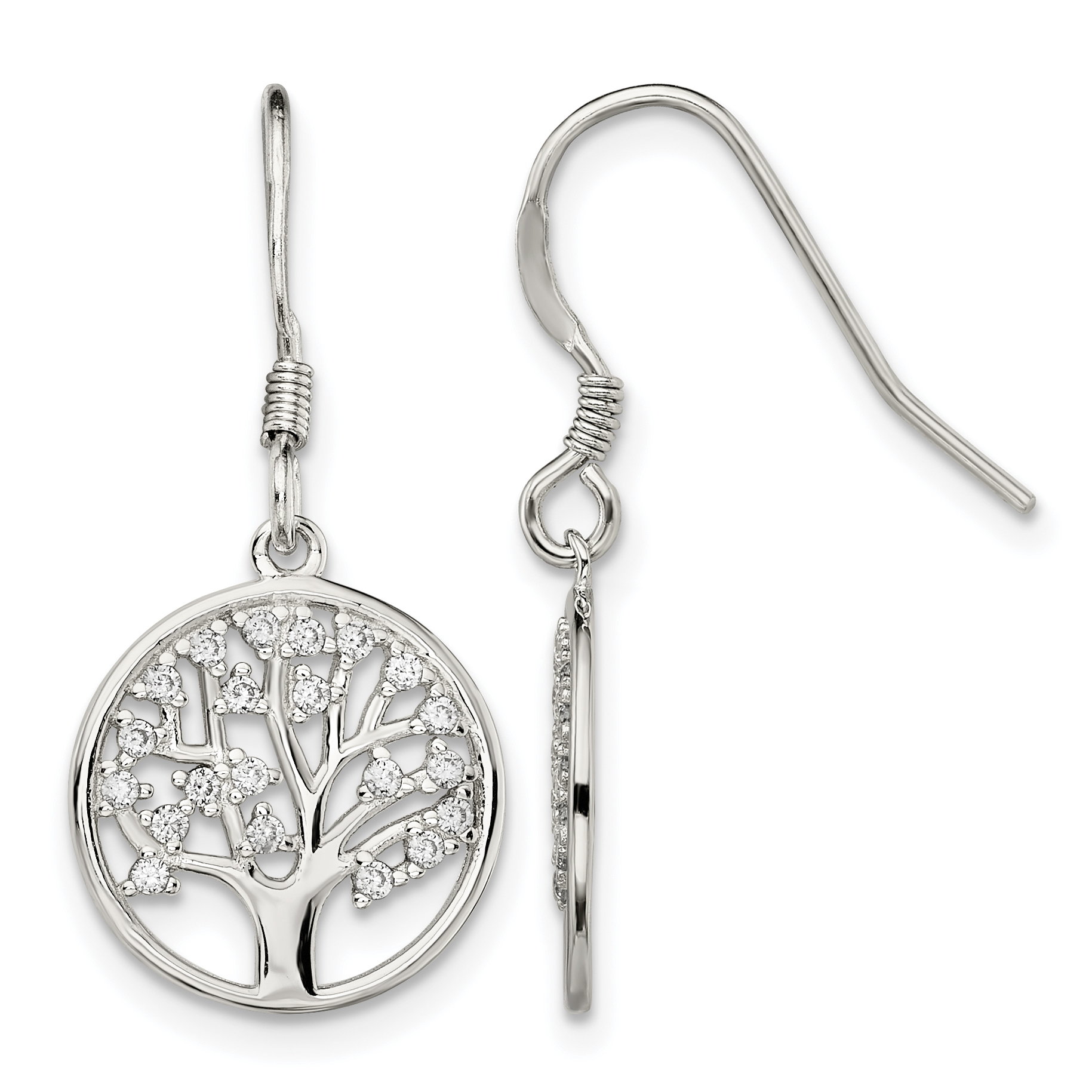 Sterling Silver Rhod-pltd CZ Tree of Life Dangle Shepherd Hook Earrings (QE13562)