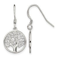 Sterling Silver Rhod-pltd CZ Tree of Life Dangle Shepherd Hook Earrings view 1