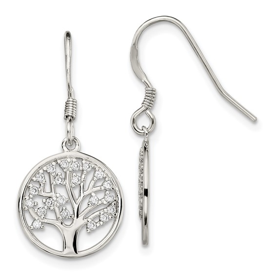 Sterling Silver Rhod-pltd CZ Tree of Life Dangle Shepherd Hook Earrings