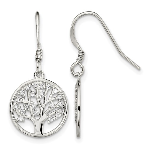 Sterling Silver Rhod-pltd CZ Tree of Life Dangle Shepherd Hook Earrings